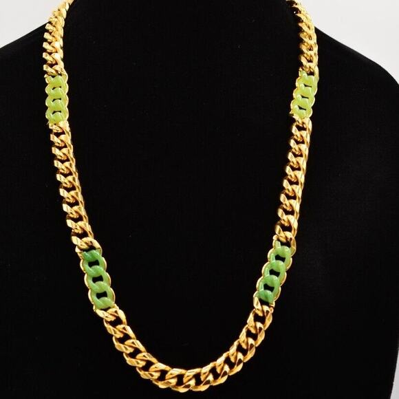 Givenchy Vintage Cuban Chain Necklace Gold Green Cabochon Heavy Signed 70s BinL - Picture 1 of 12